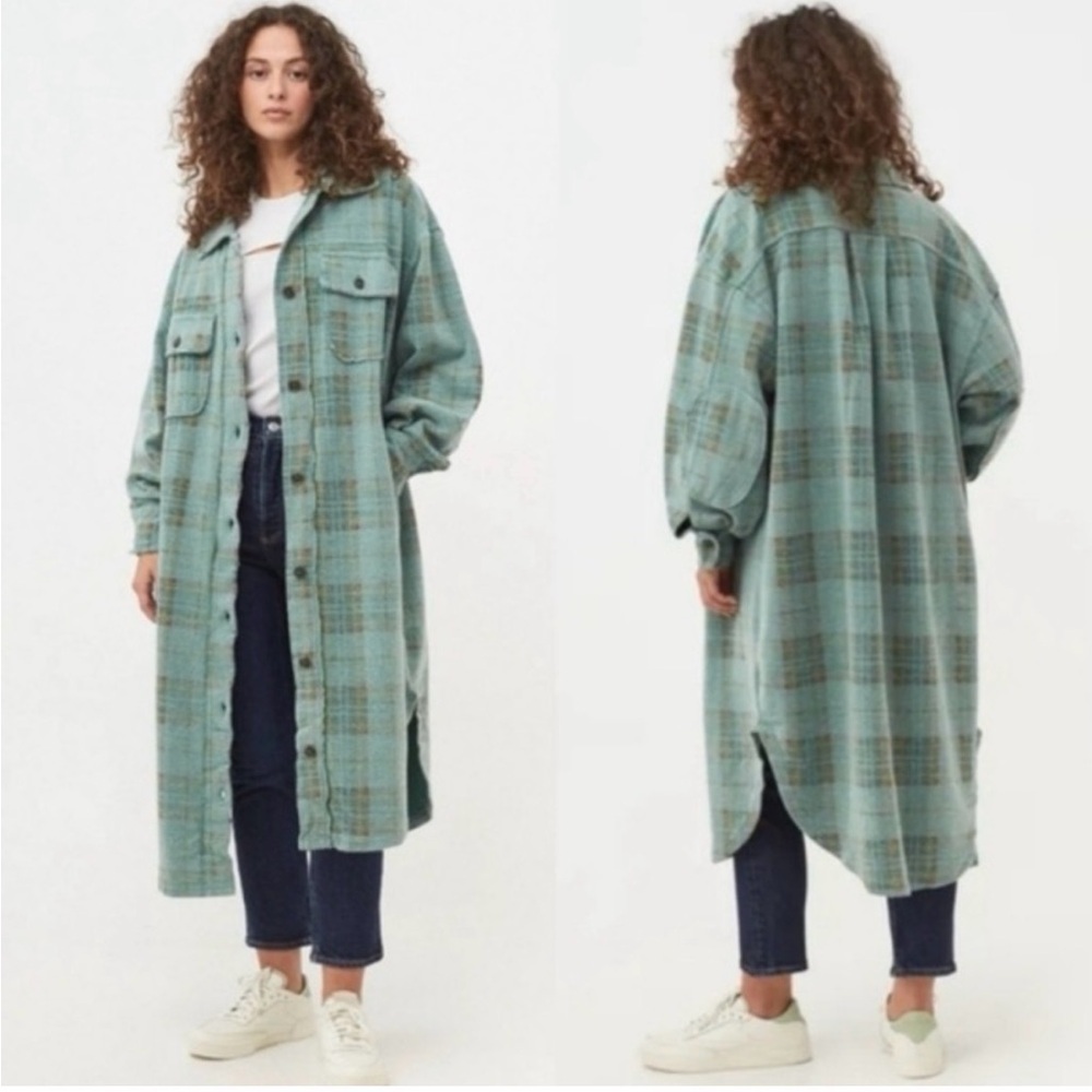 We The Free Sage Green Plaid Long Shacket - Picture 1 of 4